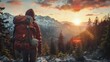 As the sun begins to set over the rugged peaks a hiker stands with back to the camera the weight of survival pack resting . .