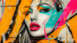Woman with red lips and dramatic eye makeup.. Woman's face with monochrome and color pop art elements, geometric shapes and textures