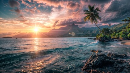 Wall Mural - Beautiful sunset over the sea with palm trees and mountains on the background