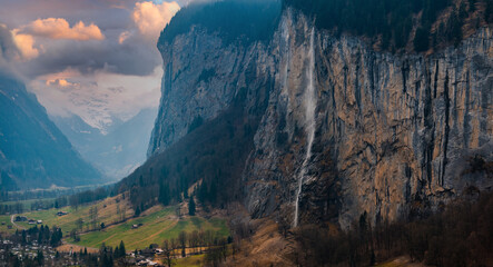 Wall Mural - Beautiful aerial view of the Staubbach Falls in Switzerland. Magical panoramic aerial view. 