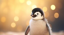 Cute Baby Penguin On Blurred City Light Background.