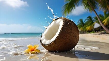 Wall Mural - coconut on the beach with splash water , coconut with  beach background