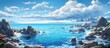 Scenic anime illustration featuring a rugged coast, deep blue ocean, and towering mountain in the background