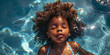 an adorable little black girl with curly hair floating in the water, generative AI