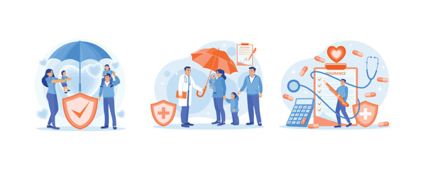 The family stands under the insurance umbrella. Doctors provide health insurance to patients. People filling out health insurance paperwork. Health Insurance concept. Set flat vector illustration.