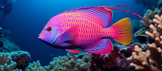 Poster - Various brightly colored fish swimming among vibrant coral formations in a clear blue ocean reef backdrop