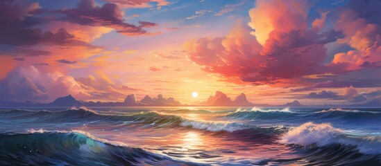 Sticker - Sunset painting showcasing vivid colors over the sea with waves crashing gently on the shore