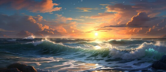 Sticker - Tranquil artwork capturing the beauty of a colorful sunset over the ocean with gentle waves washing ashore