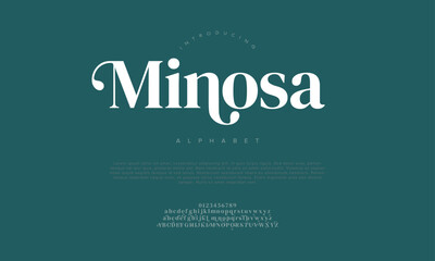 Wall Mural - Minosa elegant Font Uppercase Lowercase and Number. Classic Lettering Minimal Fashion Designs. Typography modern serif fonts regular decorative vintage concept. vector illustration