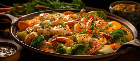 Wall Mural - A cooking pan filled with shrimps, broccoli, and various colorful vegetables, ready to be cooked