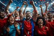 © top images - A group of people are celebrating with confetti and smiling. Football fan celebrates the victory of his favorite team