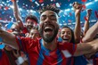 A group of people are celebrating with confetti. Football fan celebrates the victory of his favorite team