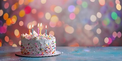 Poster - A birthday cake with glowing candles placed on a table, ready for celebration