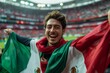 A man is smiling and holding a Mexican flag. Football fan at the championship