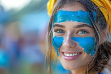 A woman with blue face paint and a yellow headband. Football fan at the European Football Cup