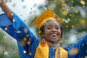 Wall Mural - A young woman in a graduation gown is surrounded by confetti, smiling