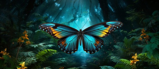 Poster - A colorful butterfly gracefully glides through the lush greenery of the forest, its delicate wings catching the light as it dances among the trees and foliage