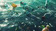 Paper trash, waste, and plastic bottles floating in the sea water, polluting the marine environment. Cinematic scene of ocean pollution for wallpaper background.