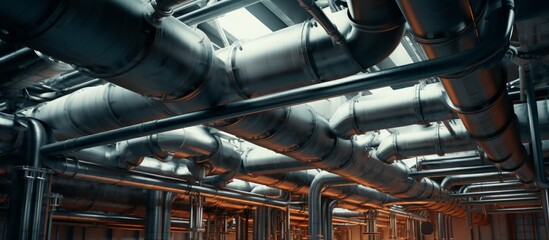 Wall Mural - numerous pipes run along the interior of a building with an abundance of windows, creating an indust