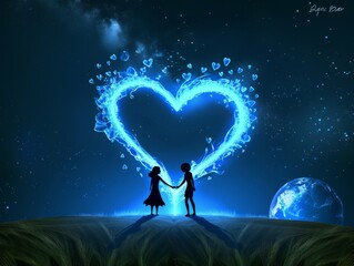 Wall Mural - A couple is standing on a hill with a heart made of fire