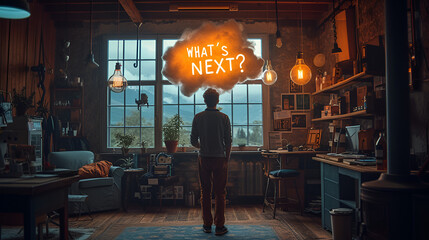 Wall Mural - Man standing in his office with a thought bubble over his head that says “WHAT’S NEXT?” - planning - preparation - revolving - growing - developing - maturing  - thinking ahead 