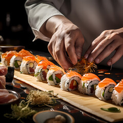 Wall Mural - A close-up of a chefs hands preparing sushi.