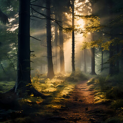 Poster - A dreamy forest with sunlight streaming through through the canopy