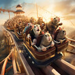 A group of animals riding roller coasters in an amazing theme park