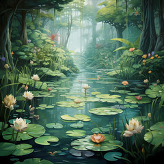 Wall Mural - A tranquil pond with lily pads and frogs.