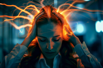 Havana syndrome, woman with migraine or headache holding her head due to pain, . generative Ai