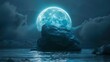 A giant stone rock on the sea, glowing blue moon in sky 