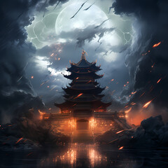 Wall Mural - Floating temple in a cosmic storm.