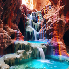 Wall Mural - Rainbow-colored waterfall in a crystal canyon.