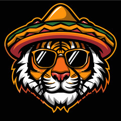 Wall Mural - Mascot logo of a tiger wearing sombrero hat and sunglasses