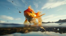 Goldfish Jumping Out Of The Water At Sunset In The Sea.
