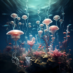 Poster - Surreal underwater scene with floating objects.