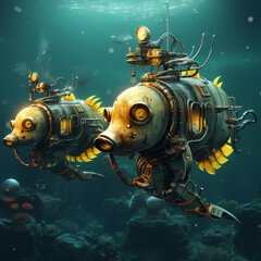 Poster - Underwater race between seahorse submarines. 