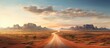 Desert landscape featuring a scenic road stretching through the arid terrain with majestic mountains looming in the distance