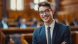 Professional photography of a young male lawyer  wear  glasses smiling in a courtroom background
