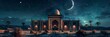 photo collage of an arab temple in a desert on a night sky. symmetric composition