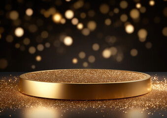 Wall Mural - Gold black podium product stage with spotlight and golden glitter background. Gold lights rays scene background. Gold bokeh awards glamour background.