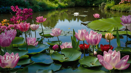 Wall Mural - Rosy Ripples Pink Water Lily Rhapsody