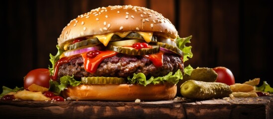 Sticker - Juicy hamburger topped with fresh pickles and tomatoes served on a rustic wooden table