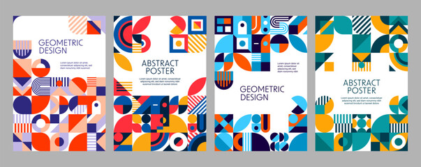 Wall Mural - Modern geometric business posters, abstract background patterns with minimal shapes. Vector vintage art layout templates with typography and bold, primitive elements as circles, triangles and squares