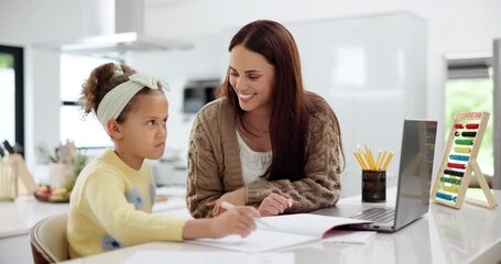 Poster - Happy mother, child and writing with book for homework, mathematics or counting at home. Proud mom helping young kid, girl or teenager with addition, subtraction or math in notebook on table at house