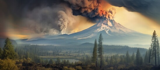 Wall Mural - A mountain with a plume of smoke and smoke rising from it, creating a dramatic scene