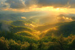 A breathtaking view of the Great Smoky Mountains, with rays piercing through dark clouds and illuminating an expansive forest below. Created with Ai