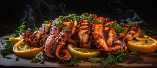 Sticker - On the plate, there is grilled octopus served with slices of lemon for a flavorful dish