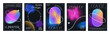 Gradient brutal y2k posters or cover vector templates. Vertical black backgrounds with neon glowing geometric shapes, butterfly figure in retro-futuristic style. Social media stories promo banners