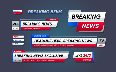 Breaking news, lower third header banners. Vector tv header bars, headlines display essential information on television broadcast. Video titles of blue, red and white colors. Isolated strips with text